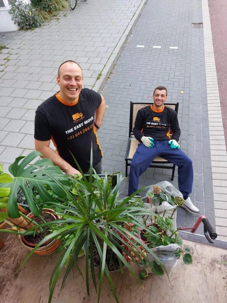 Déménageurs de la camionnette de déménagement à amsterdam à l'arrière du véhicule, souriants