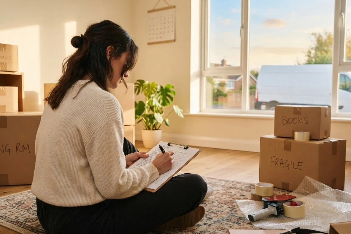 Woman ticking off a printed international moving checklist among packed boxes